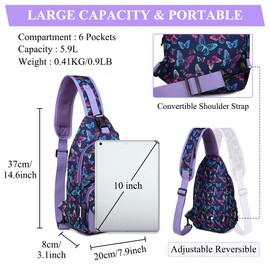 VASCHY Sling Bag,Rucksack Bag for Women Anti-theft Chest Bag Lightweight Water Resistant Crossbody Backpack for Hiking, Sport, Travel(Purple Butterflies)