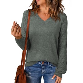 Dokotoo Women Crochet Sweaters 2025 Summer Long Sleeve V Neck Lightweight Sweater Hollow Out Cable Knit Pullover Jumper Fall Tops for Girls Plus Size,Mist Green Medium