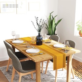 Encasa XO Table Runner and Placemats Set 4 | Fine Ribbed Cotton | Ladder Yellow | 1 Table Runner Size 32x137 cm & Each Table Mat Size 48x32 cm