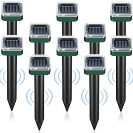 Solar Powered Ultrasonic Mole Repellent 10 Pack, IP44 Waterproof Outdoor Sonic Spikes for Snakes, Gophers, Voles, Groundhogs - Effective Deterrent for Lawns, Gardens, Yards & Farms