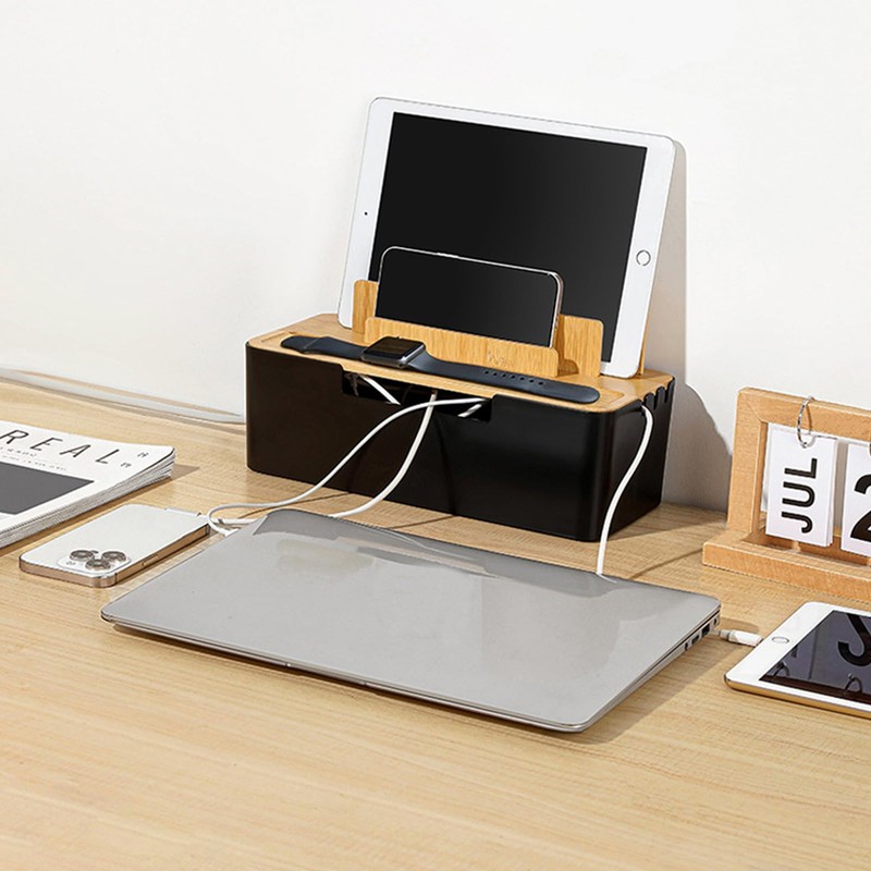 Catekro Cable Management Box With Bamboo Lid Cell Phone Tablet