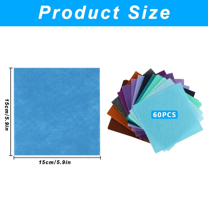 60 Pcs Coloured Felt Fabric Sheets, Assorted Polyester Soft Thick