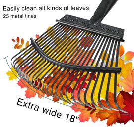 Garden Leaf Rake, Shrub Rake for Leaves Long Handle Heavy Duty, 18" Width Metal Mulch Rake for Gardening, Flower Beds, Lawn, Yard, 6ft