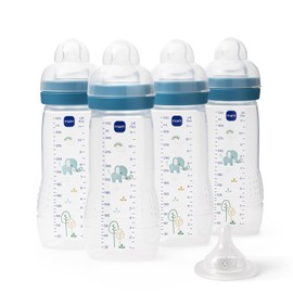 MAM Easy Active Bottles | 4 Pack (4 x 330ml) | Fast Flow MAM Teats Size 3 + 1 x Extra Fast Flow | Baby Accessories | Blue