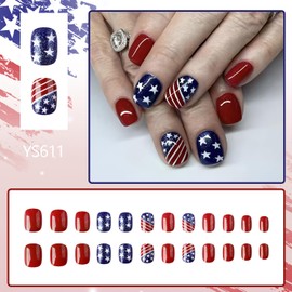 Independence Day Press on Nails Short Square Red Blue Fake Nail with American Flag Designs 4th of July Patriotic False Nails Star Full Cover Artificial Stick on Nail for Women 24 Pcs