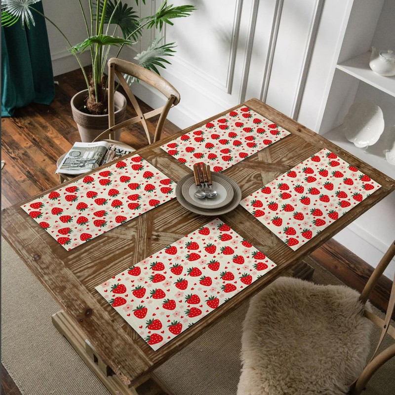 Red Cute Kids Fruit Strawberry Placemats Set of 4, Table