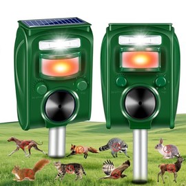 Solar Ultrasonic Bird Repeller Outdoor Pigeon Woodpecker Deterrent Sonic Fortress Pro Deer Repellent Light Animal Repeller with Motion Sensor for Cat Rabbit Racoon Squirrel,Yard Farm Protection,2PACK