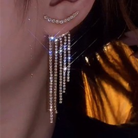 TseenYi Crystal Rhinestone Ear Jacket Earrings Boho Chandelier Tassel Earrings Silver Crystal Ear Climber Earrings Long Rhinestone Tassel Earring Crystal Fringe Earring Jewelry for Women and Girls