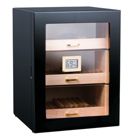 Woodronic Cigar Humidor Cabinet for 150 Cigars with Digital Hygrometer, 2 Crystal Gel Humidifiers, Spanish Cedar Liner and Drawers, Magnetic Door, Polished Piano Black, Desktop Gift for Father