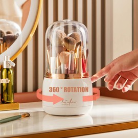 Bingobang Makeup Organiser Brush Holder 360 Rotating with Dustproof Lid, Spinning Cosmetic Organizer Acrylic, Storage for Lipstick, Lip Gloss, Eyeliner, Bedroom, Bathroom (Dark Green)
