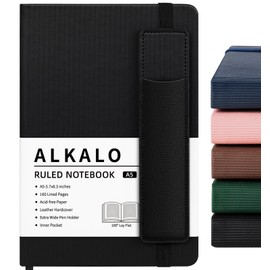 Lined Journal Notebook for Work, A5 Stripe Leather Notebook with Polyester Pen Sleeve, 100GSM/160 Pages Thick Paper, Daily Journals for Writing, School, Note Taking, Business, Travel, College Ruled