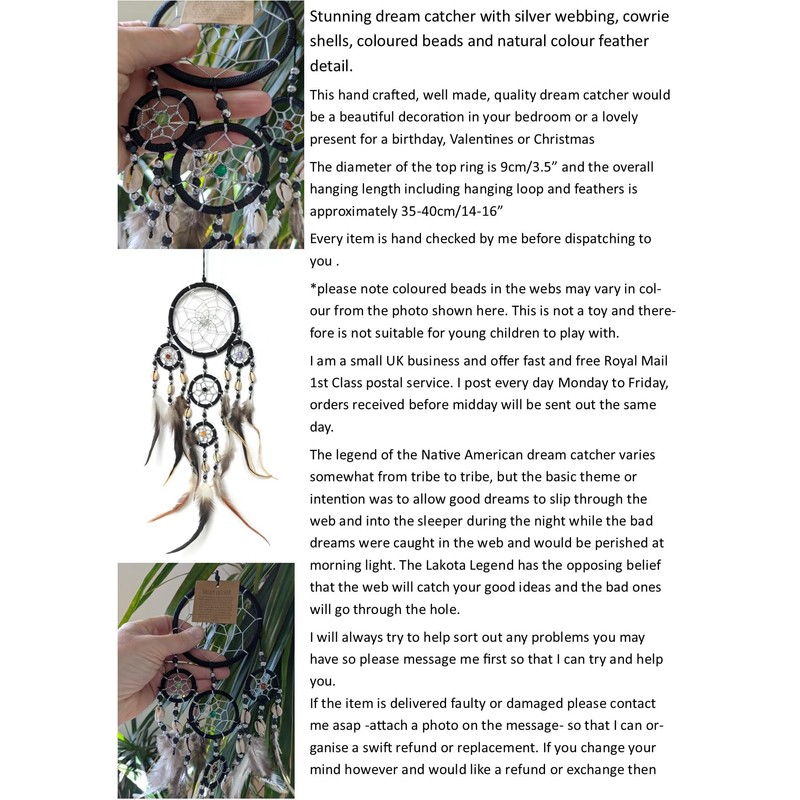 BRILLIANT GIFTS BLACK DREAM CATCHER dreamcatcher DECORATED WITH SILVER COLOURED