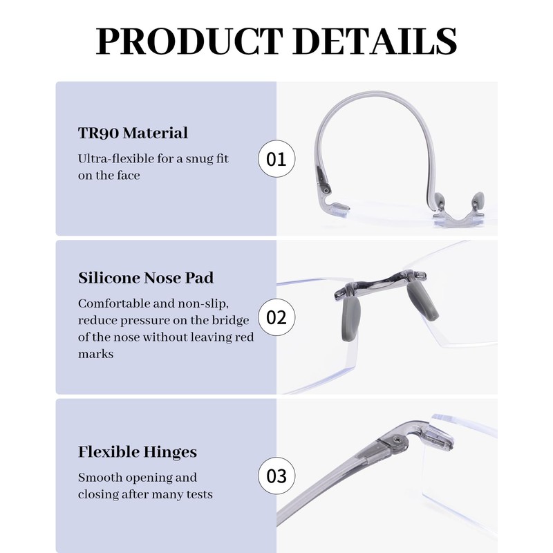 LUFF 3 Pack Rimless Reading Glasses Men Women- Comfortable Frameless