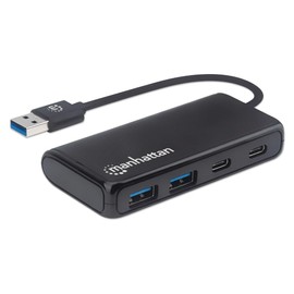 Manhattan 4-Port Superspeed USB Hub Supporting 5 Gbps Transfer Speeds with Built-in USB-A Male Connector, Two USB-A Female Ports, Two USB-C Female Ports and LED Power Indicator, Bus-Powered, Black