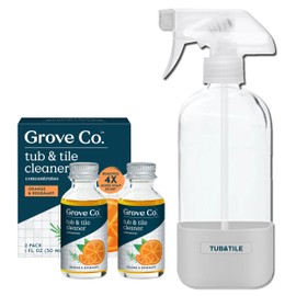 Grove Co. Tub and Tile Cleaner Refill Concentrate (2 x 1 Fl Oz) + 1 x Reusable Glass Spray Bottle (16 Oz) Plant-Based Cleaning Supplies Bundle, No Plastic Waste, 100% Natural Orange & Rosemary Scent