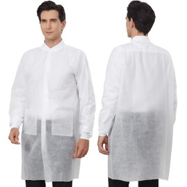 Greenour Disposable Lab Coats for Adults with Pockets White Lab Jackets with Knitted Cuffs and Collar Pack of 10 (Large)