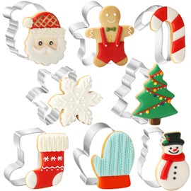 8PCS Christmas Cookie Cutters Set, Stainless Steel Metal Winter Holiday Cookie Cutter Christmas Shapes - Gingerbread Man, Christmas Tree, Snowflake, Snowman, Santa Face, Candy Cane, Mitten, Stocking