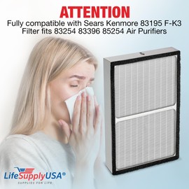 LifeSupplyUSA True HEPA Filter Replacement Compatible with Sears Kenmore 83195 F-K3 Filter fits 83254 83396 85254 Air Purifiers (2-Pack)