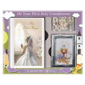 FHC First Holy Communion Gift Set Girl Missal Book, Rosary Beads, Photo Frame 9cm x 6cm C5188