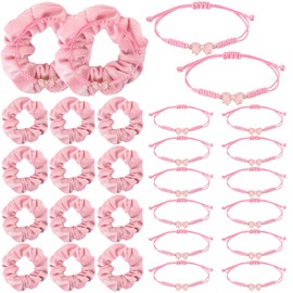 BRIOYHA Coquette Party Favors Set,12 Pink Hair Scrunchies with 12 Bow Bracelets, 24Pcs Pink Coquette Accessories for Girls Birthdays, Sleepovers, Bachelorette & Cheerleading Teams