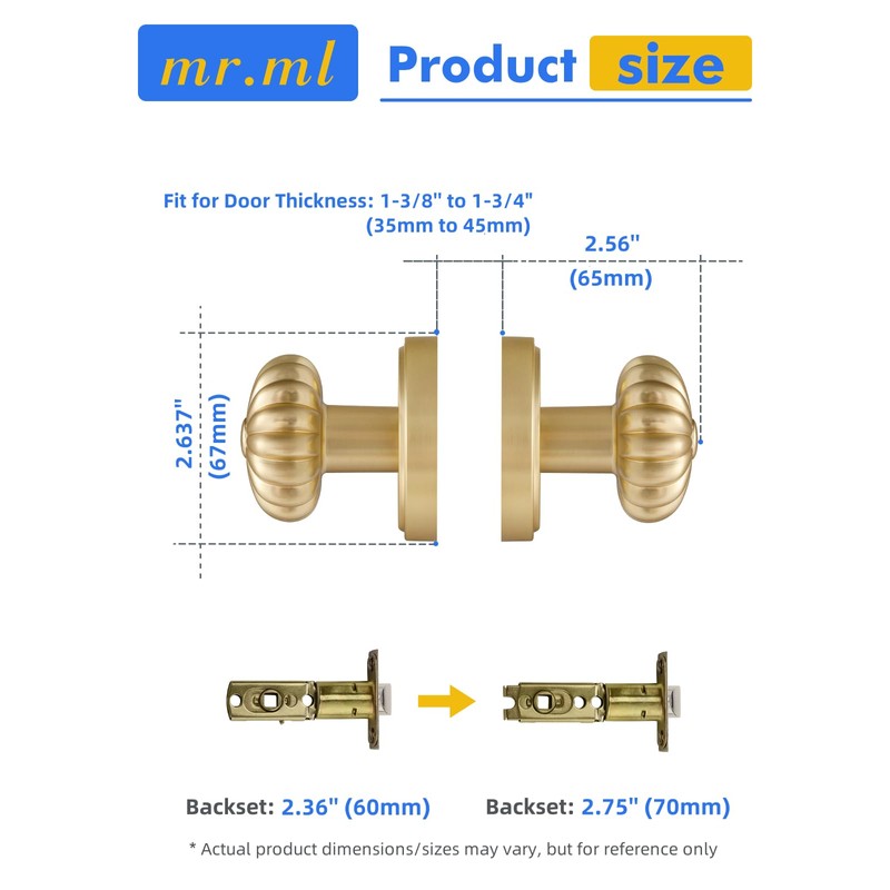 MRML Brushed Gold Passage Door Knob, Interior Closet Pantry Hallway