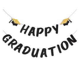 Vofrise Black Happy Graduation Banner for 2025 Grad Party Decorations Glitter Cap Congrats Grad Banner Sign for Class of 2025 Graduation Decorations