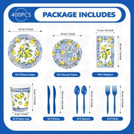 Greencian 400Pcs Capri Lemon Party Decoration Blue Tiles Plates Napkins Cups Forks Knives Spoons Blue Yellow Lemons Disposable Tableware Set for Wedding Bridal Shower Italian Party Supplies Serves 50