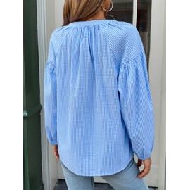 Cicy Bell Womens Puff Long Sleeve Blouse Gingham Pleated V Neck Button Down Shirts Loose Fit Dressy Casual Fall Tops Sky Blue