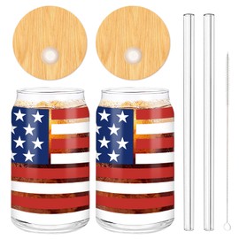Whaline 2 Pack Patriotic Drinking Glasses Red Blue USA Flag Iced Coffee Cups 4th of July Beer Glasses Can for Independence Day Travel Office Home Gift