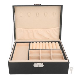 Double Layer Jewelry Box Soft PU Leather Jewelry Storage Organizer with Lock for Necklace Bracelet Earrings Black
