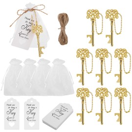 40 PCS Vintage Skeleton Key Bottle Opener with Organza Bags, Thank You Tags, Jute Rope and Chains - Perfect Wedding Gifts and Baby Shower Favors for Guests (Gold)