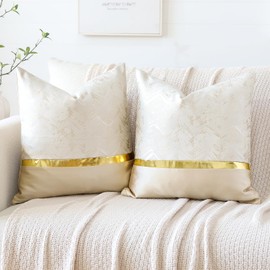 Artscope Set of 2 Cushion Cover for Bed Couch Sofa Car Decor Luxury Modern Minimalist Gold Leather Stitching Wavy Stripes Square Pillowcase Throw Pillow Covers 60x60cm (Beige)