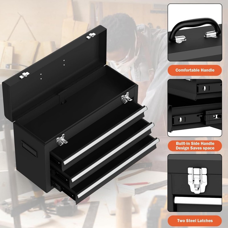 Portable Metal Tool Box, 3 Drawer Steel Tool Box with