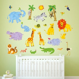DECOWALL DS8-1513 Jungle Animals Kids Wall Stickers Wall Decals Peel and Stick Removable Wall Stickers for Kids Nursery Bedroom Living Room monkey giraffe elephant lion tree