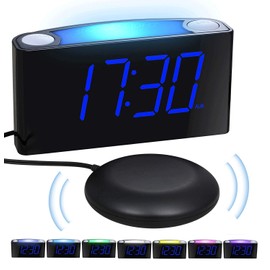 Mesqool Vibration Alarm Clock, Digital Deaf Alarm Clock with 7-Colour Night Light, Large LED Display, Brightness Control, 2 USB Charging Ports, 12/24 H, Loudest Alarm Clock for Heavy Thresholds,