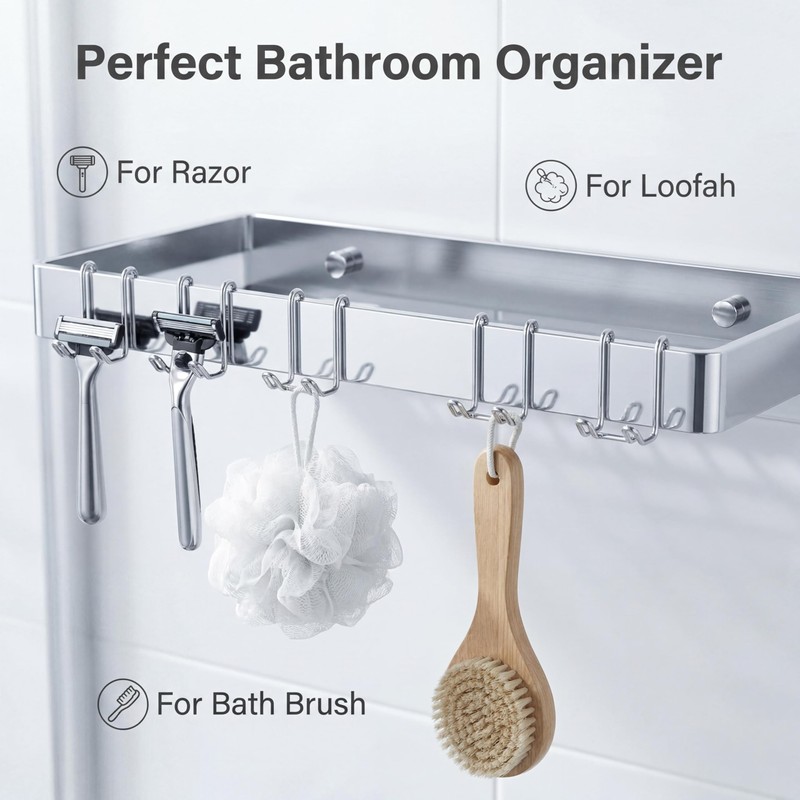 Shower Caddy with Hooks, Shower Shelf Hooks & Razor Organizer