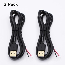 Xilaghy USB 2 Wire Pigtail Cable 3.2Ft,Gold-Plated USB 2.0 A Male to 2 Pin Bare Wire Open End DIY Pigtail Cable 5V 5A USB Plug Power Repair Cable for LED Strips,USB Fan,Desk Lamp,Black,2 Pack(1M)