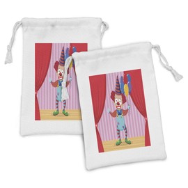 Ambesonne Clown Fabric Pouch Set of 2, Themed Graphic of Whimsical Entertainer Man on Stage with Balloons, Small Drawstring Bag for Toiletries Masks and Favors, 9" x 6", Dark Pink Multicolor