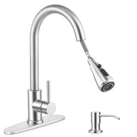 Herogo Brushed Nickel Kitchen Sink Faucet Set with Pull Down Sprayer and Soap Dispenser, Stainless Steel Rv Outdoor Kitchen Faucet for 1-3 Hole with Pop Up Drain, Deck Plate and Supply