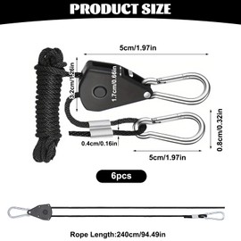 6 Pack Heavy Duty Ratchet Hangers, 1/8 Inch Adjustable Rope Metal Ratchet with Hook, 4 mm Cord Tent Guy Ropes, 2.4 m Guy Ropesfor Awning Grow Light RopeHangers for Plant Fan, Lift Lanyard LEDRope
