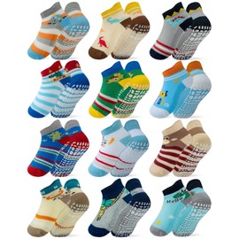 RATIVE Ankle Anti Slip Non Skid Organic Cotton Socks with Grips Grippers for 1 2 Years Old 2T 12 18 Months Toddler Boy Boys Girl Girls (2T-3T, 12-Pairs/Animal world)