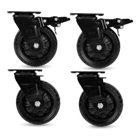 Heavy Duty Swivel Knobby Casters Set of 4, 6" Height, 5" Diameter, Solid PU Knobby Tread Heavy Duty Wheels, Swiveling Bases, Two Casters with Brakes, Two Without, Black & Black