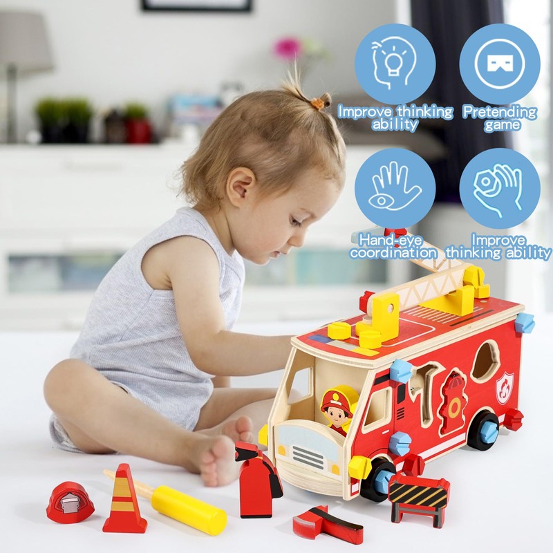LOVELAND Wooden Fire Truck Toy – Take-Apart STEM Vehicle with