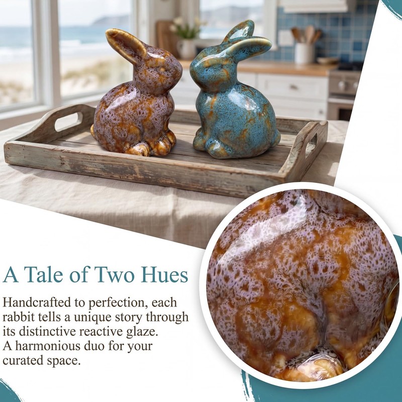 Set of 2 Small Ceramic Rabbit Statue, Handmade Reactive Glaze