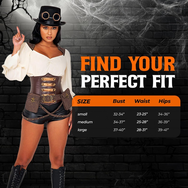 Roma Costume Women's 7pc Industrial Vixen Steampunk Costume, Brown/Black, Small