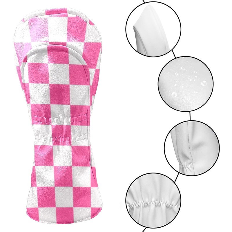 Golf Club Covers Pink Checkered Driver Headcover, Leather Golf Club