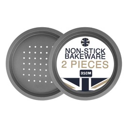 Chabrias Ltd 2 x Deep Pizza Pan Oven Round Crisper, Pizza Trays for Oven Non Stick, Pizza Accessories, Pizza Tray, Twin Pack Baking Tray Large 12 Inch (31cm) Non Stick Coating Made in England