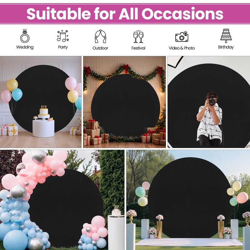 WedDecor 7.2ft (220cm) Black Round Backdrop Cover Adjustable Spandex Wrinkle