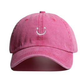 YuMENo Smile Face Ponytail Baseball Cap for Women Washed Cotton Vintage Adjustable Unstructured Hats Pink