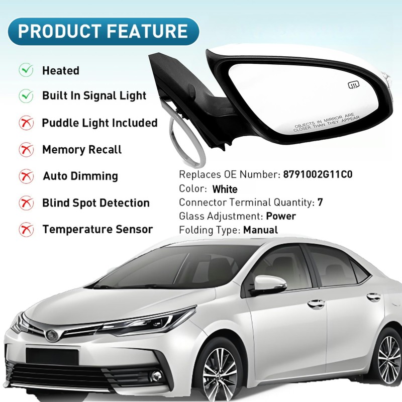 Passenger Right Side Mirror Compatible With Toyota Corolla 2014-2018 With